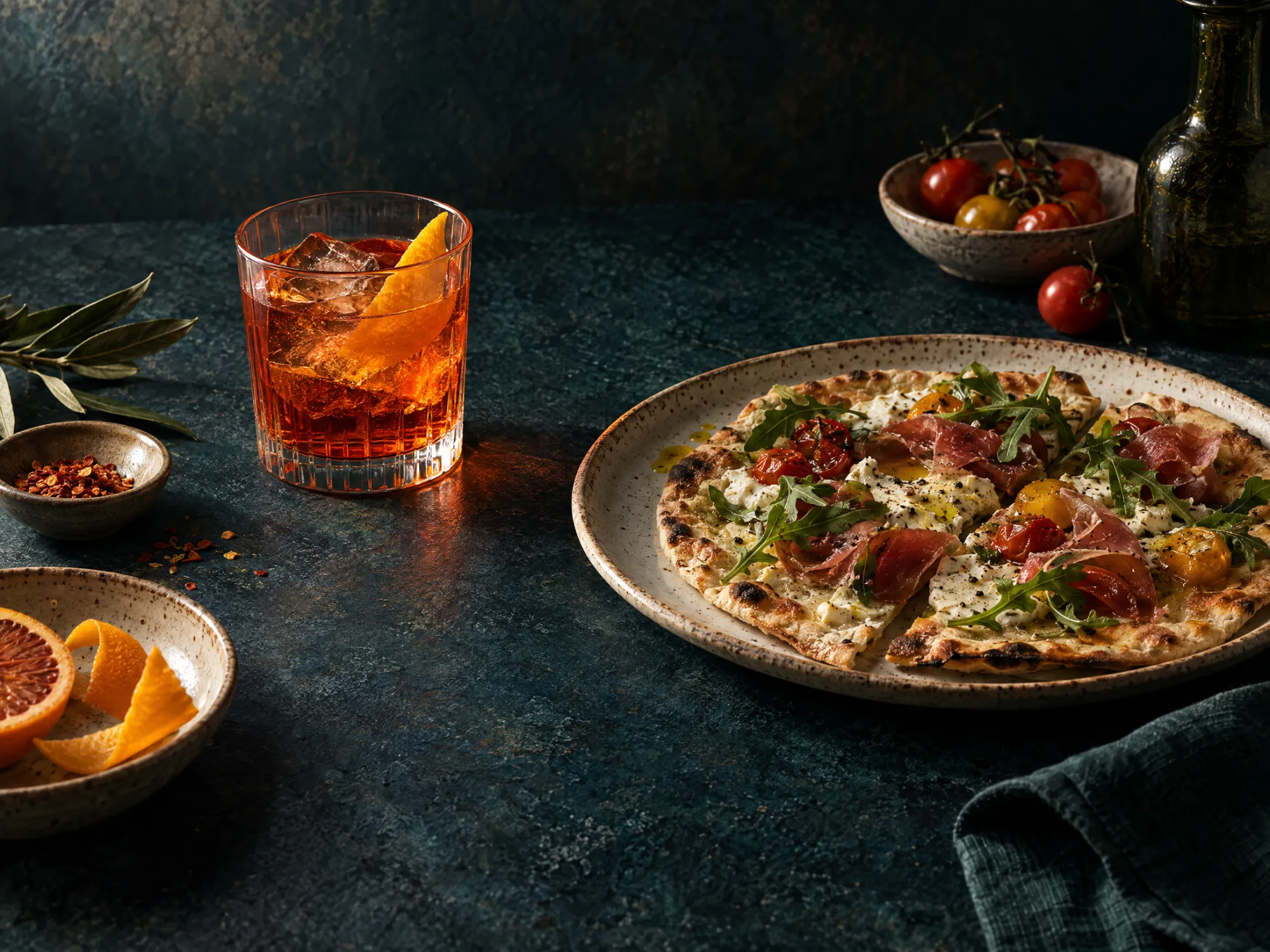 A Negroni and a thin-crust flatbread with prosciutto and arugula on a dark table.