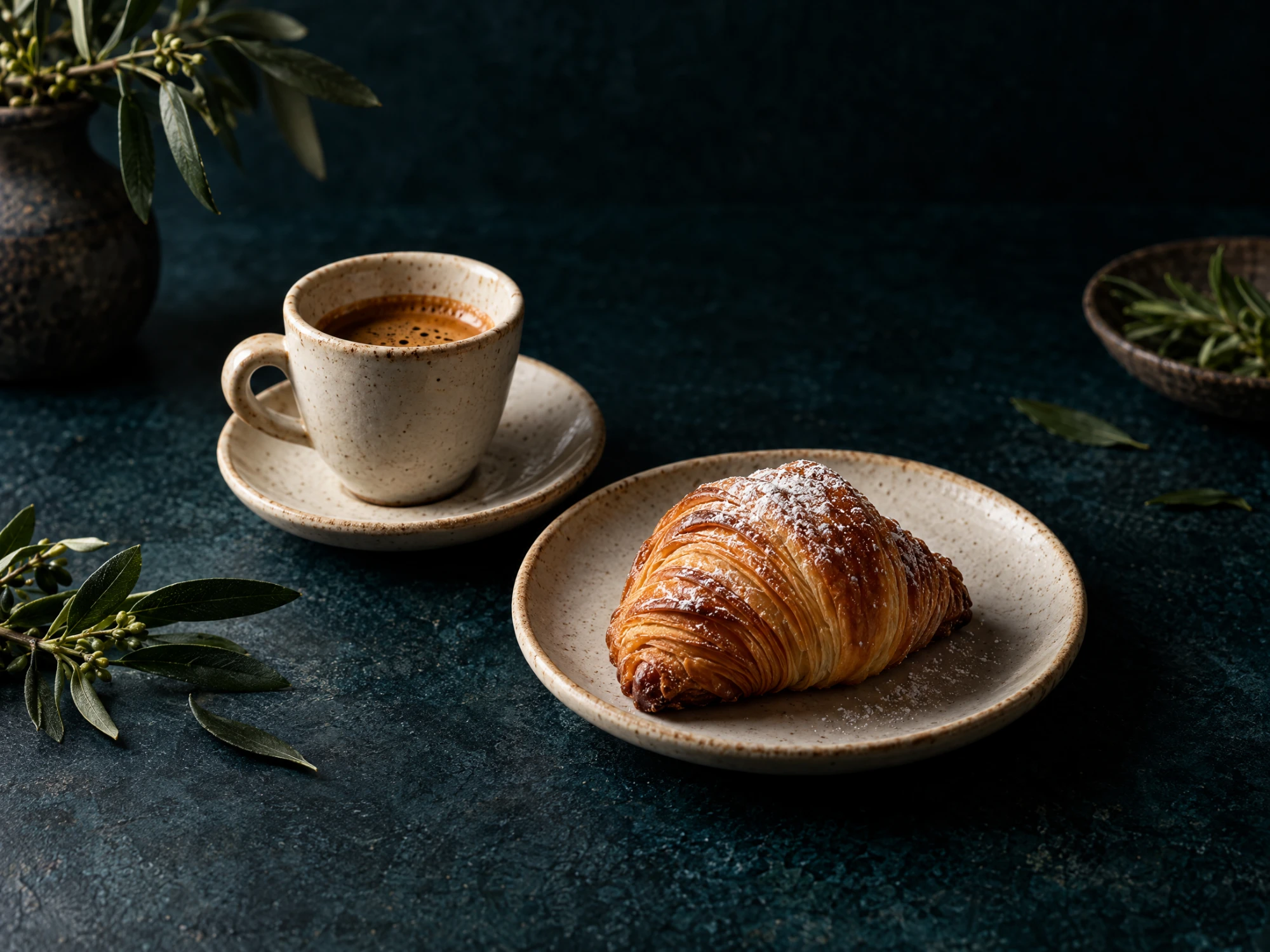 Espresso and a flaky pastry on a dark table.